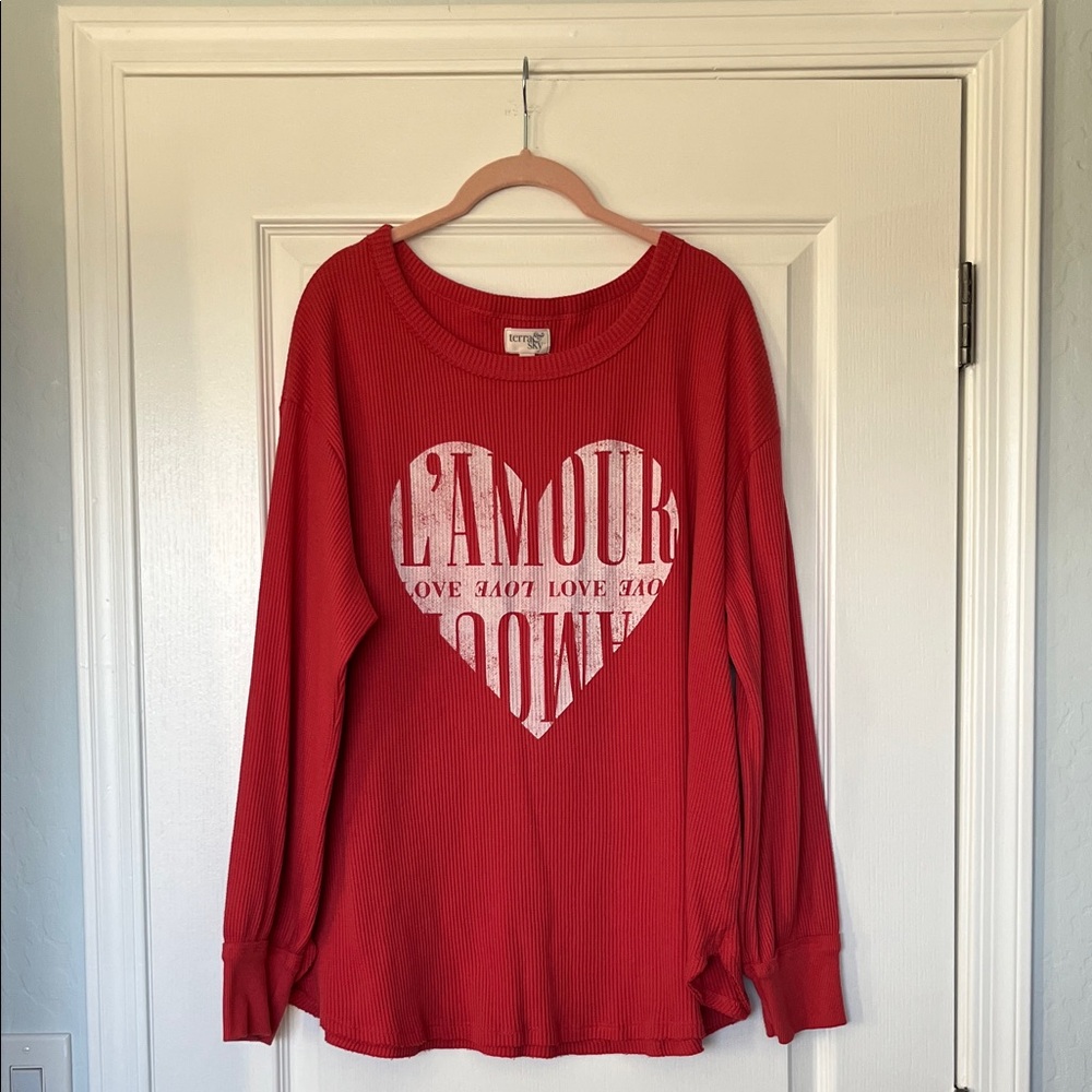 Terra & Sky Red Long Sleeve with Heart Says L’Amour Women’s Top
